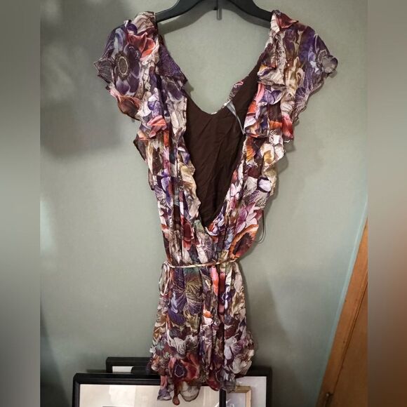 Anthropologie Ruffled Mini Wrap Dress Brown Floral Size L - Picture 9 of 9